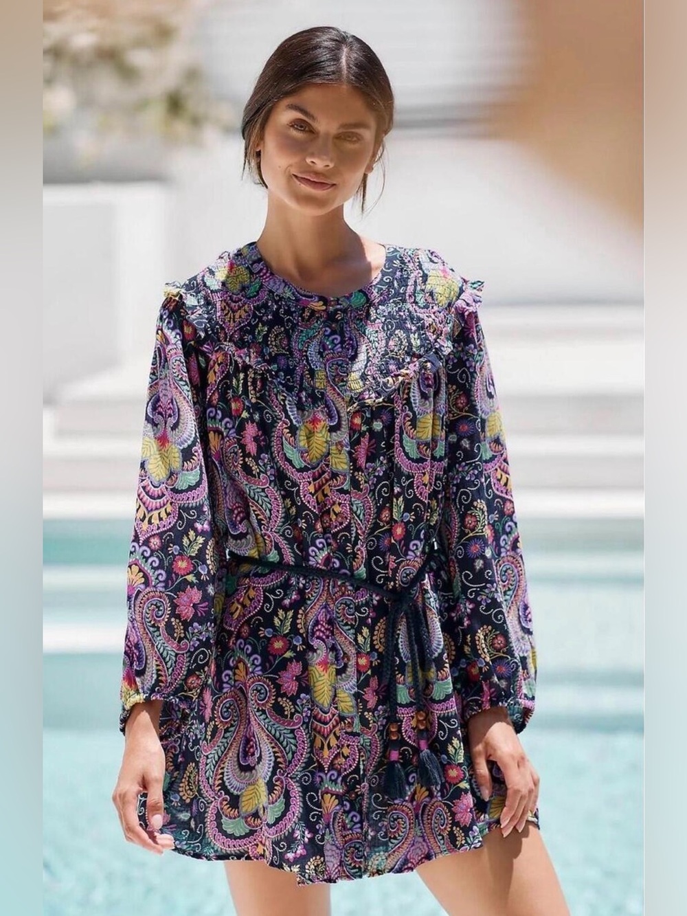 Anthropologie size S dress no belt Paisley Tunisian Tunic Smocked Boho Prairie
